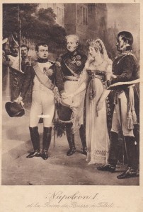 Prancūzijos imperatoriaus Napoleono I ir Prūsijos karalienės Luizės susitikimas Tilžėje 1807 m. liepos 6 d. Dailininko N. L. F. Gosse darbo fragmentas, perspausdintas Austrijoje spausdintame atviruke. Iš Petro Skutulo rinkinio 